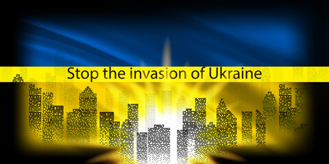 ウクライナ　 国旗　ビル　背景