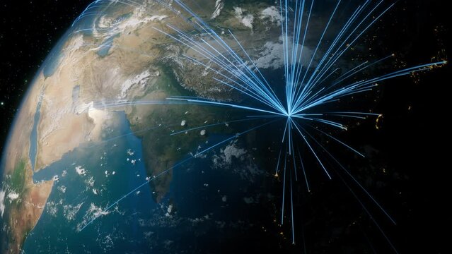 Earth in Space. Blue Lines connect Kunming, China with Cities across the World. Worldwide Travel or Business Concept.