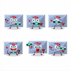 Fototapeta premium Photographer profession emoticon with blue love envelope cartoon character
