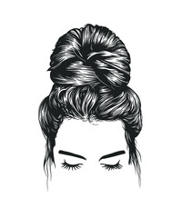 Women messy bun hairstyles, vector line art illustration