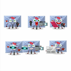Fototapeta premium Character reporter blue love envelope cute mascot with microphone