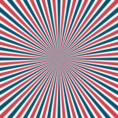 Sun rays striped background in colours of USA flag. Illustration