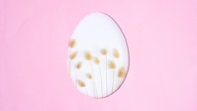 Dried trendy fashion plants move in Easter egg shape on pastel pink background. Stop motion flat lay
