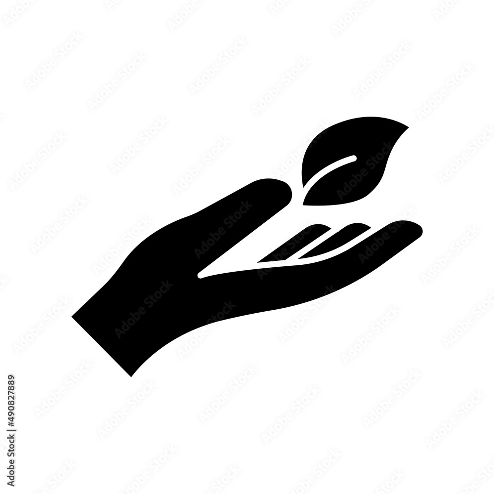 Poster hand with leaf icon. glyph style. silhouette. suitable for ecology icon. simple design editable. des