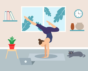 woman practicing yoga exercise on the mat at home.