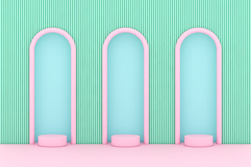 platform and podium soft pink green blue pastel arch stand product minimal style display advertisement cute sweet background baby concept. Place fashion and cosmetic beauty products. 3D Illustration.
