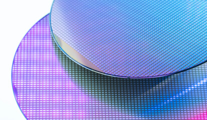 Macro of silicon wafer semiconductor with neon color, integrated circuits to manufacture CPU and GPU