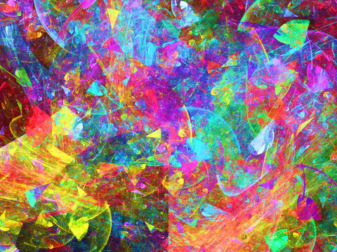 Imagen de arte psicodélico digital compuesto de trazos coloridos desordenados y solapados en un todo que parece un paisaje caótico después de una explosión.
