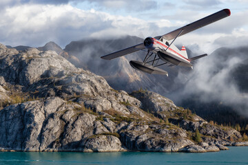 Obraz na płótnie Canvas Seaplane Aircraft Flying over the Pacific Ocean Coast. Cloudy morning Colorful Sky. 3d Rendering Adventure Dream Concept Artwork. Background Nature Image from Glacier Bay National Park, Alaska.