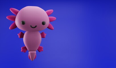 Cute pink axolotl in blue background