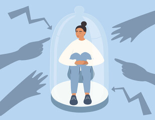 vector illustration in flat style on the theme of safe space, protection from fear. the girl sits hugging her knees under a large glass dome. hands and lightning reach out to her.