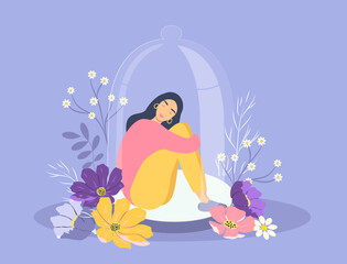 vector hand drawn illustration in flat style on the theme of calmness, peace, safe space. a girl sits hugging her knees under a large glass dome, around - flowers