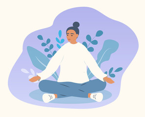 Fototapeta na wymiar vector hand drawn illustration in flat style on the theme of yoga, tranquility, relaxation. young woman meditating in lotus position