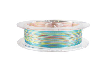 Fishing braided line isolated on white background. Spool of multicolored cord isolated. Spool of...