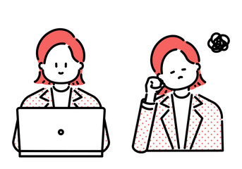 デスクワークでPC業務、悩んで頭を抱えるビジネスウーマンのベクターイラスト素材セット（赤）　Vector illustration material set of business woman who is troubled by desk work (red)