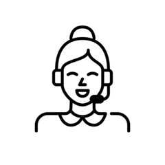 Cute young girl with a headset working at customer support. Pixel perfect, editable stroke icon