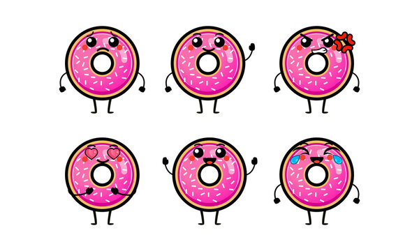 Cute pink donut character vector illustration
