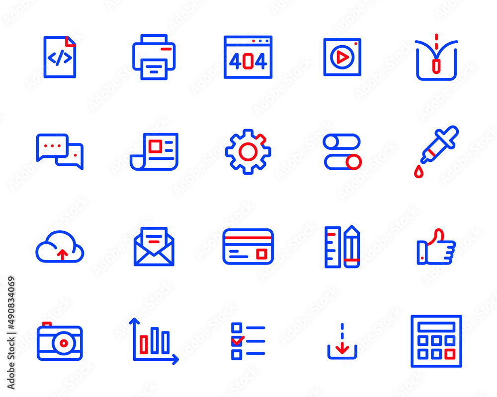 Poster simple line art two color ui icons set. html, print, video file, unzip, chat and others. pixel perfe