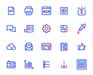 Simple line art two color ui icons set. HTML, print, video file, unzip, chat and others. Pixel perfect, editable stroke icons