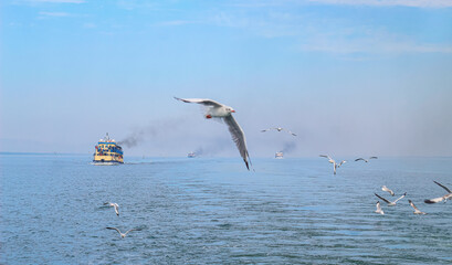 Small tourist ship with passengers. Beautiful seascape with a tourist boat. The ferry just left the pier.