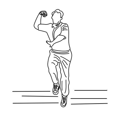 line art illustration of leg spin bowler action, outline sketch silhouette of spin bowler