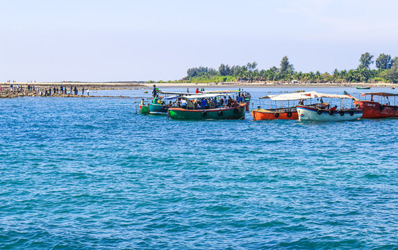 People at the touristic boat in Chera Dwip, Bangladesh, Water public transport in the city. Tourist boat in the sea on summer holiday.