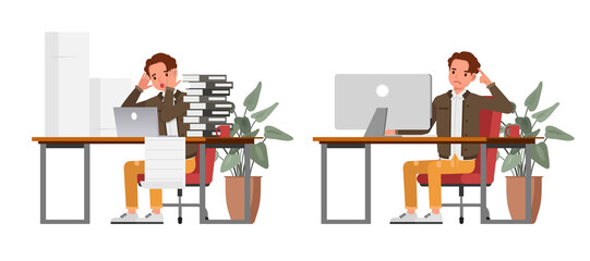 Set of businessman character vector design. Presentation in various action. People working in office planning, thinking and economic analysis.