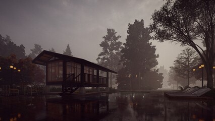 wooden cabin in the middle of fog 3d rendering
