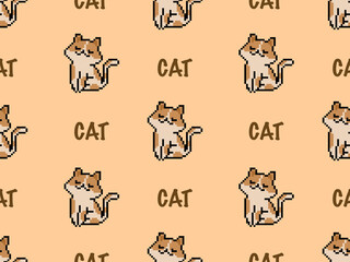 Cat cartoon character seamless pattern on brown background.Pixel style