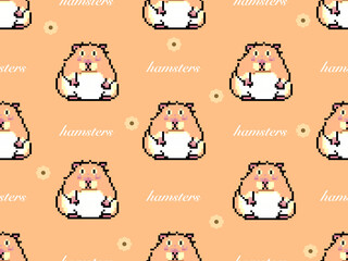Hamster cartoon character seamless pattern on brown background.Pixel style