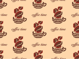 Coffee cartoon character seamless pattern on brown background.Pixel style