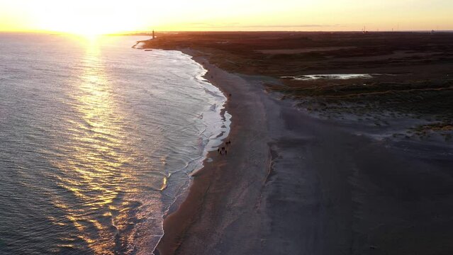 Drone Over People Walking Along Grenen Sandbar