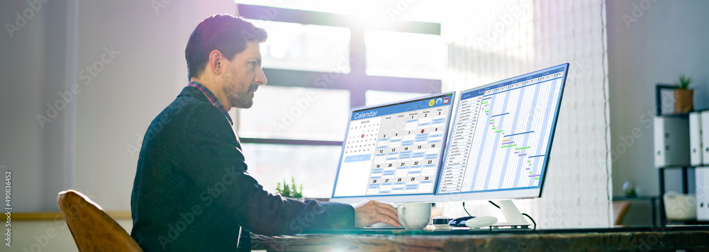 Poster businessman checking calendar on computer screen