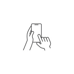 Obraz na płótnie Canvas Hand holding smartphone. Vector outline icon template