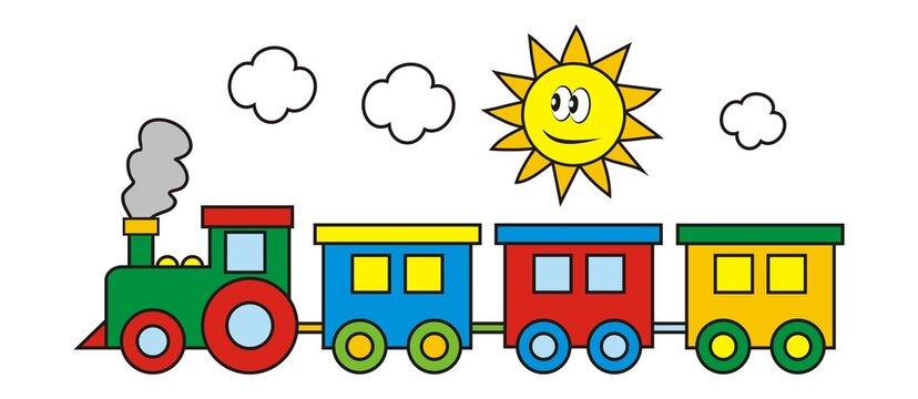 train and sun and clouds, color image, vector illustration