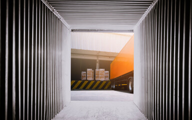 Inside View of Empty Shipping Cargo Container. Trailer Trucks Loading Packaging Boxes at Dock Warehouse. Shipping Freight Trucks Transport Logistics.