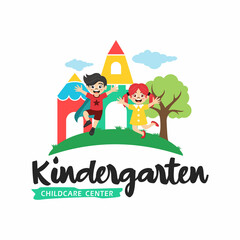 Preschool, kindergarten, playgroup logo icon design template. Children school vector illustration