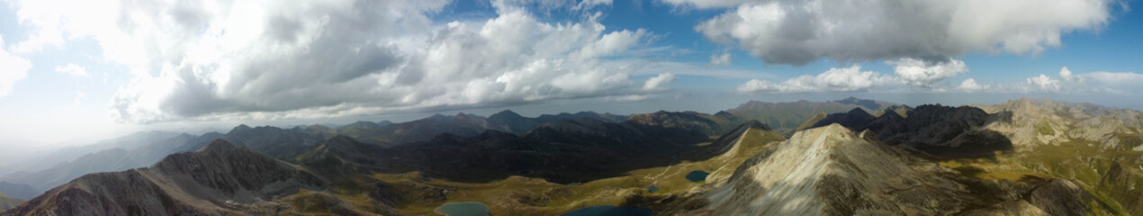 Panorama of the Kensu valley, 100 lakes. View from above. Almaty, Kazakhstan