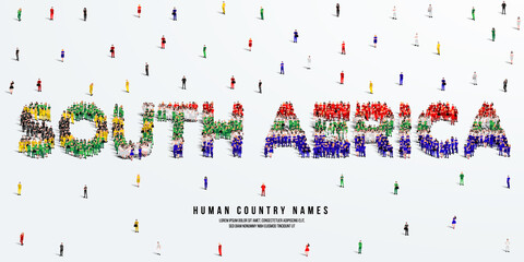 A large group of people stands, making up the word South Africa. South Africa flag made from people crowd. Vector illustration isolated on white background.