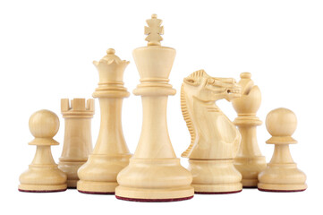 Set of wooden chess pieces on white background
