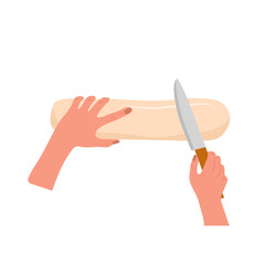 Kneading dough hands. Woman prepares homemade baking or bread. Top view. Cooking school. Stay home and cook healthy food by recipe. Vector illustration in flat cartoon style.