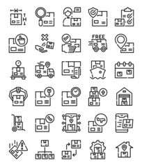 set of packaging delivery simple line web icons