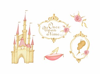 Cinderella set. A fairy-tale castle, the silhouette of a princess, a crystal slipper. Inscription: "Once upon a time". White background. Stock illustration.