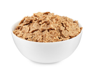 Bowl of delicious crispy breakfast cereal on white background