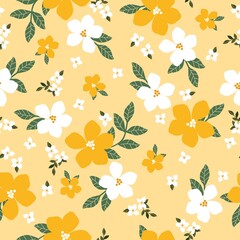 Fototapeta na wymiar Seamless vintage pattern. White and yellow flowers, green leaves . Light yellow background. vector texture. fashionable print for textiles, wallpaper and packaging.