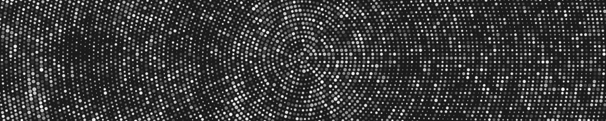 Black And White Halftone Dotted Backdrop. Monochrome Pop Art Style Background. Silver Explosion Of Confetti. Wide Horizontal Long Banner. Vector Illustration, Eps 10. 