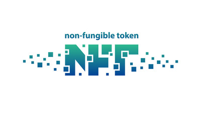 NFT text banner with square pixel particles around. NFT logo abbreviation with pixel blocks.
