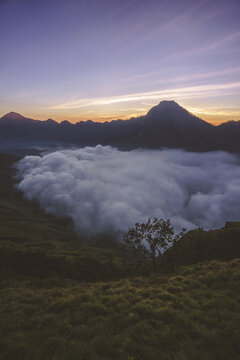 Sunset at Rinjani basecamp and the cloud over Segara Anak lake.