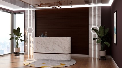 office front desk or receptionist room with wooden design interior