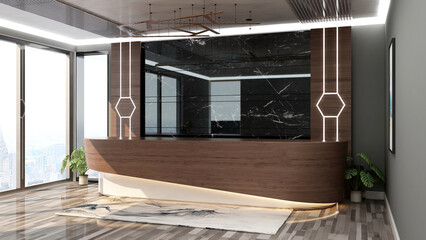 office front desk or receptionist room with wooden design interior